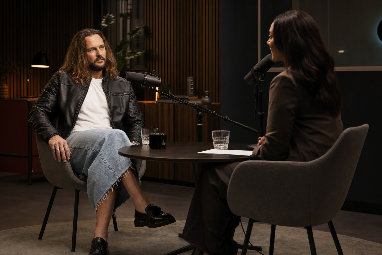 Brad in conversation with a woman podcast host in a professional studio