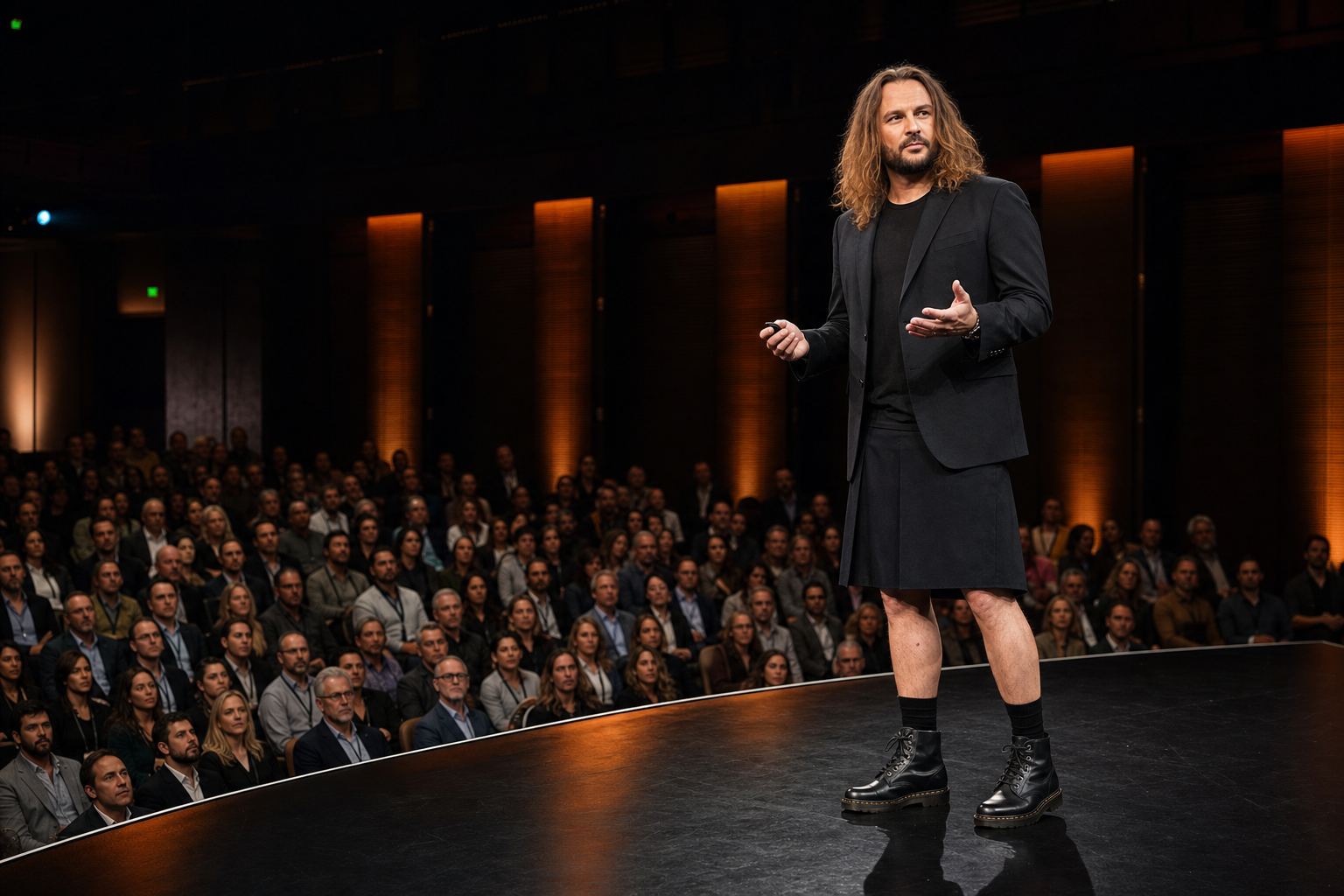 Brad speaking to a theatre audience from a contemporary stage