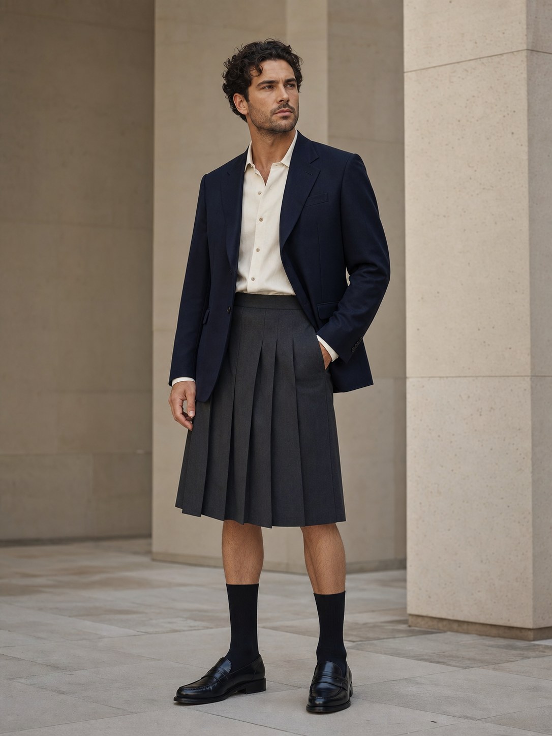 Man wearing a charcoal pleated skirt with navy tailoring