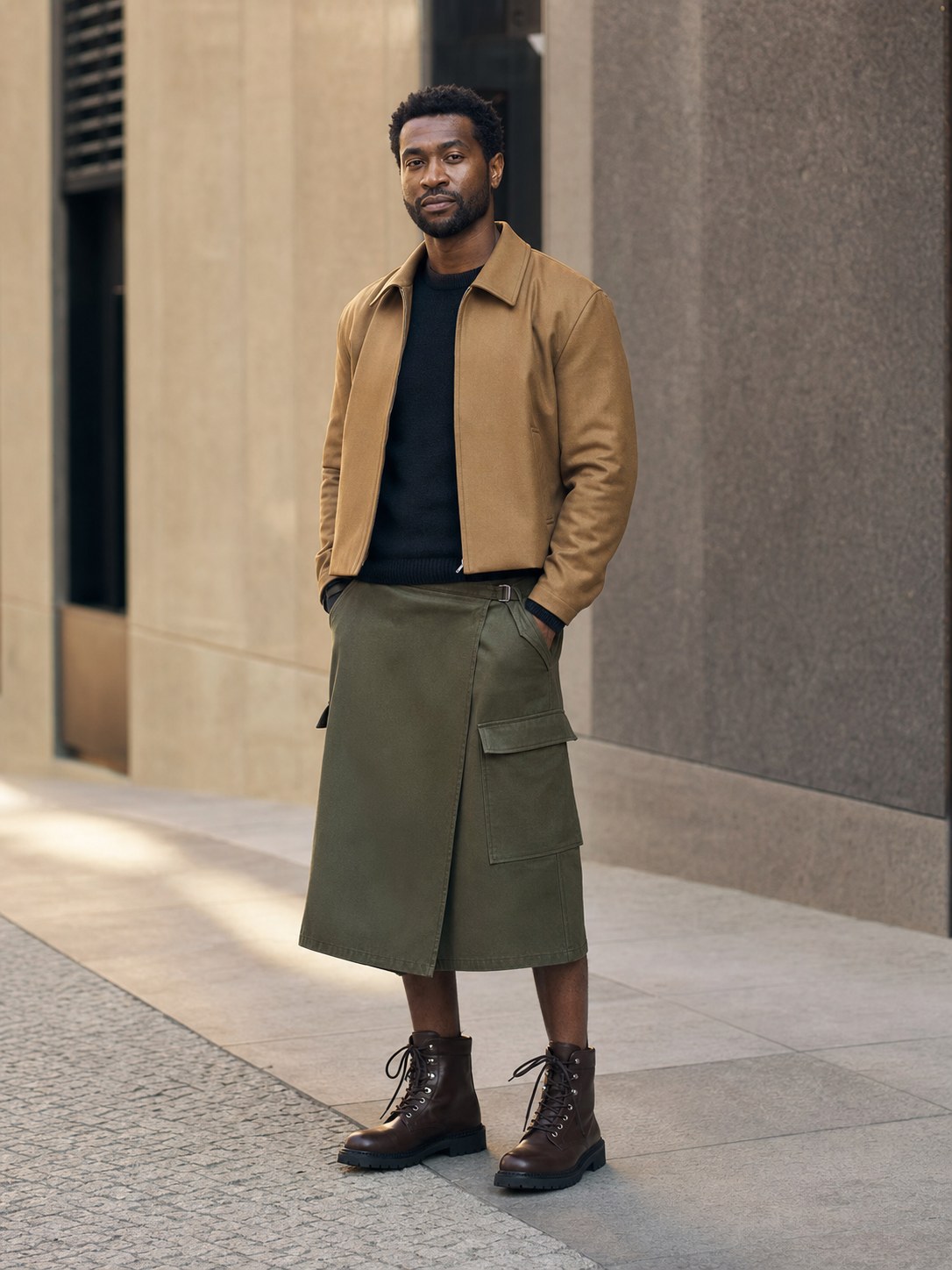 Man wearing an olive utility wrap skirt