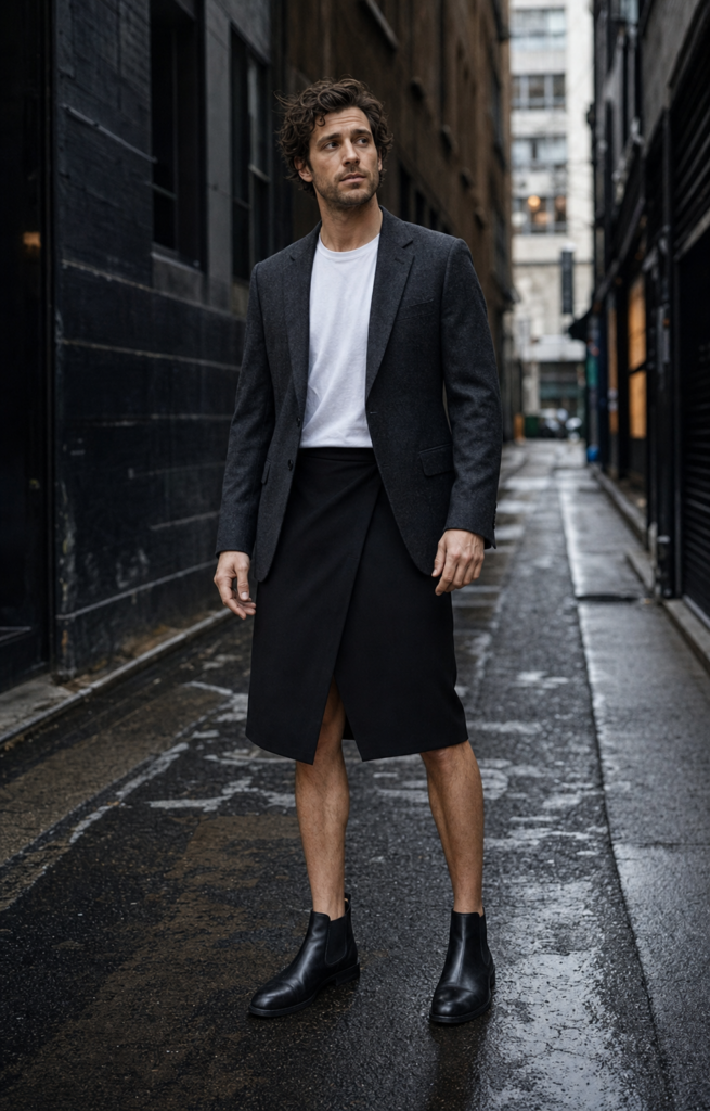 Male model in a black wrap skirt, charcoal blazer and boots in a Melbourne laneway