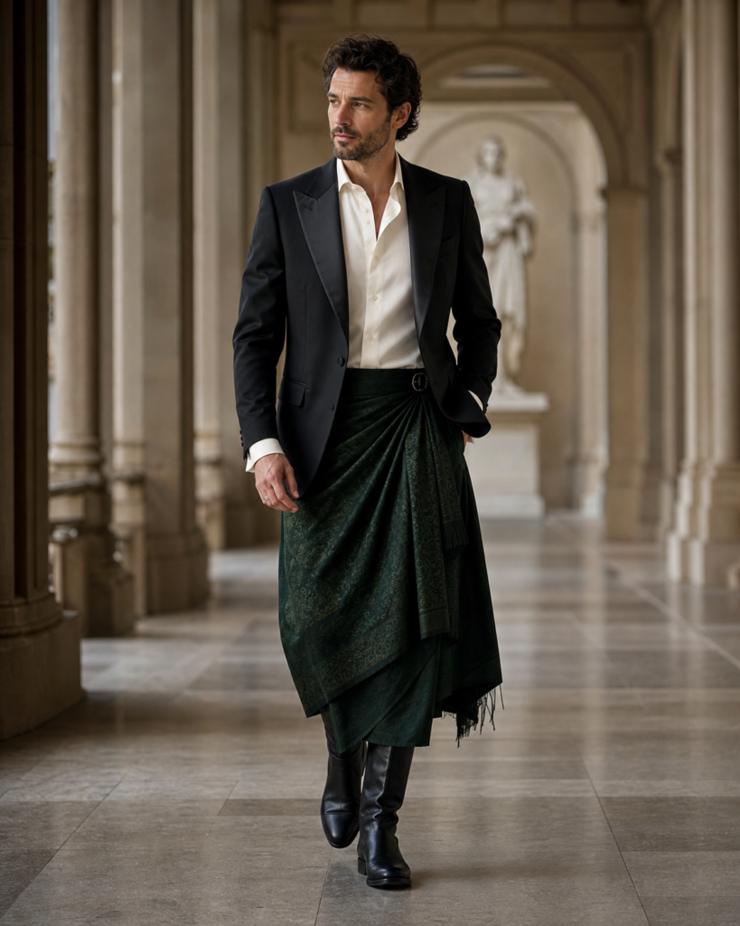 Male model in a dark green sarong-inspired wrap garment and black dinner jacket in a museum