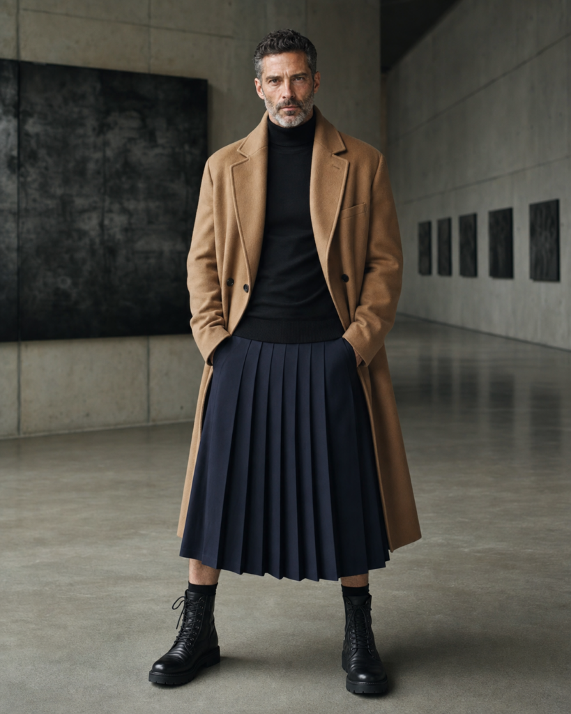 Mature male model in a navy pleated skirt, camel coat and black combat boots
