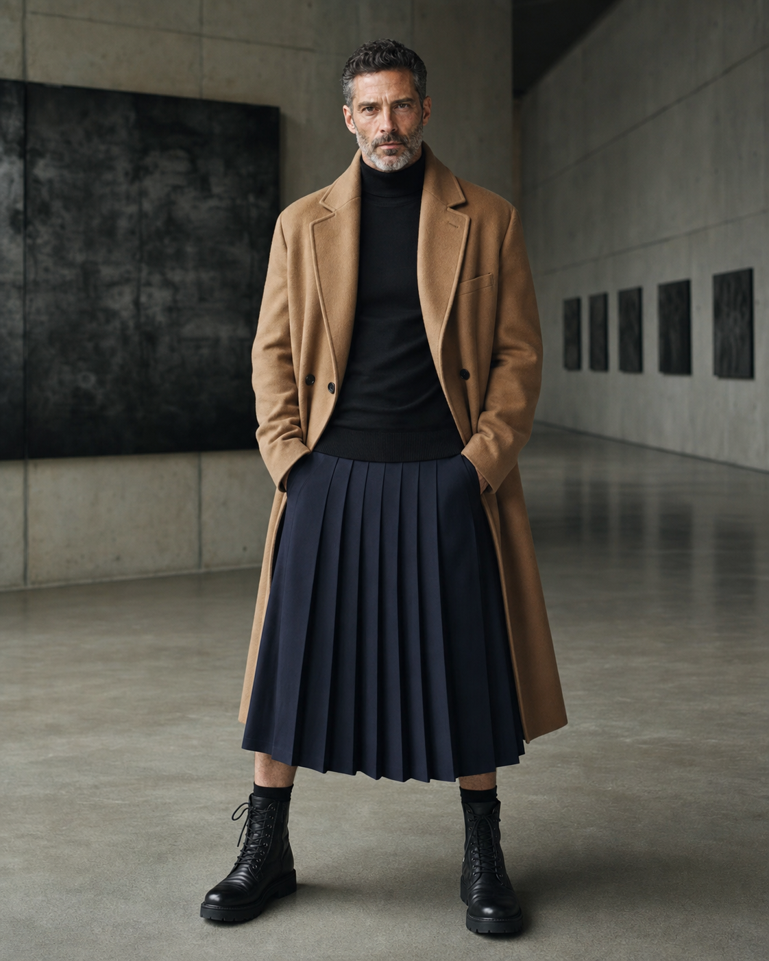 Mature male model in a navy pleated skirt, camel coat and black combat boots