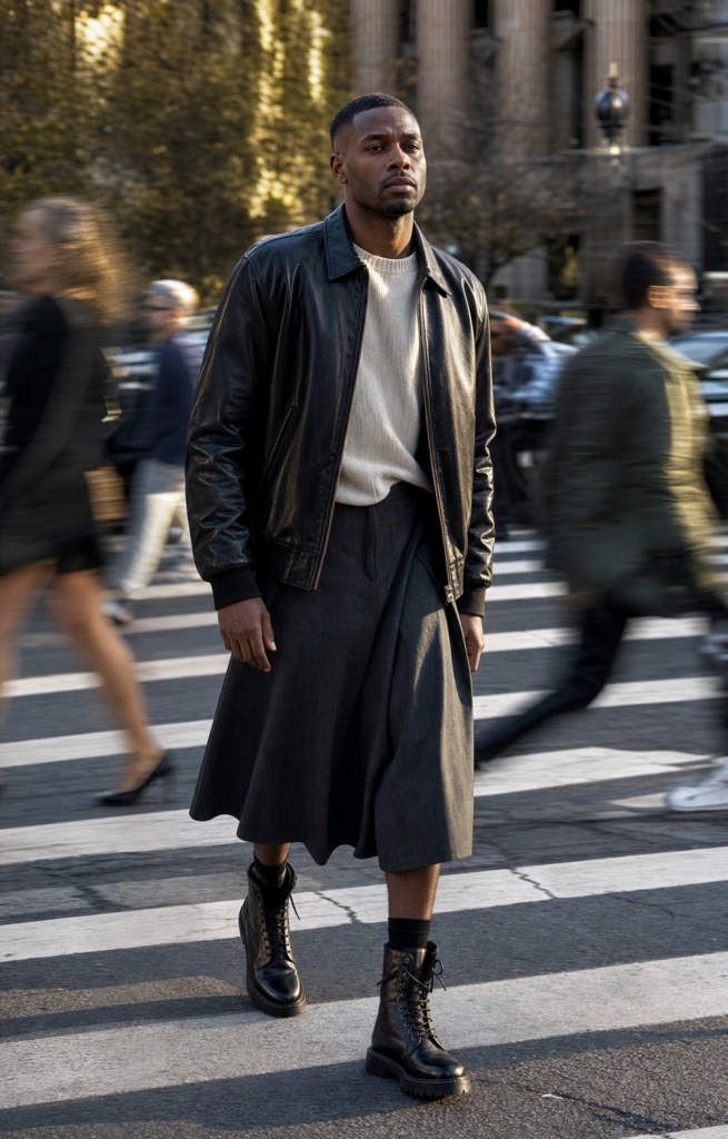 Male model in a charcoal skirt and leather jacket walking through a busy city crossing