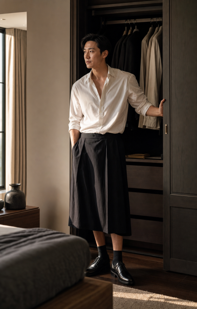 Male model in a tailored black skirt and white shirt standing beside an open wardrobe